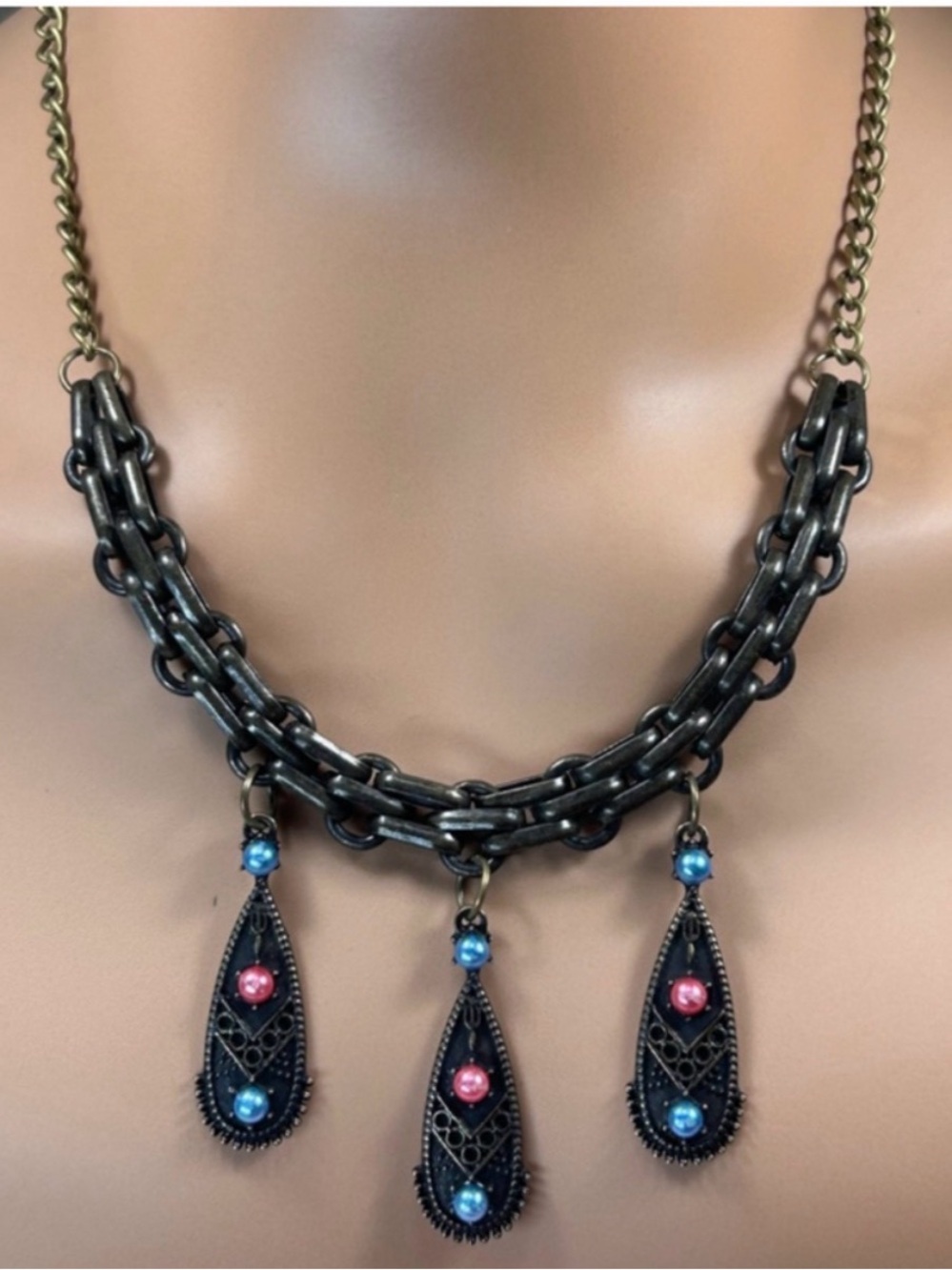 18” Oxidized Antique Gold Necklace with Pink and Blue Accents